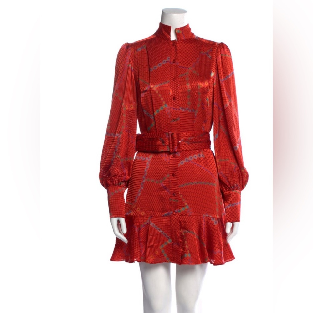 ALEXIS RED PRINTED DRESS with Belt  small NEW YEAR CHRISTMAS COCKTAIL PARTY